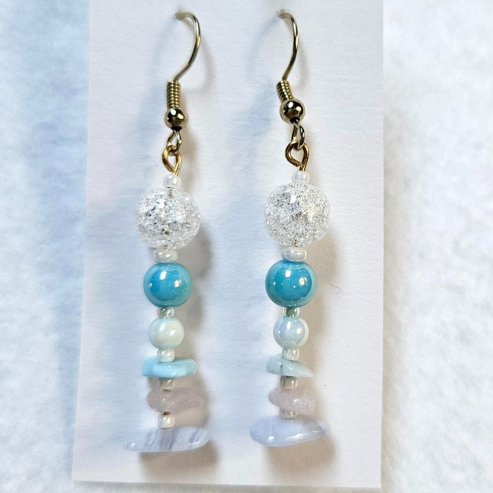 J24 Handmade Dangle Earrings with Rose Quartz, Larimar, Blue Lace Agate